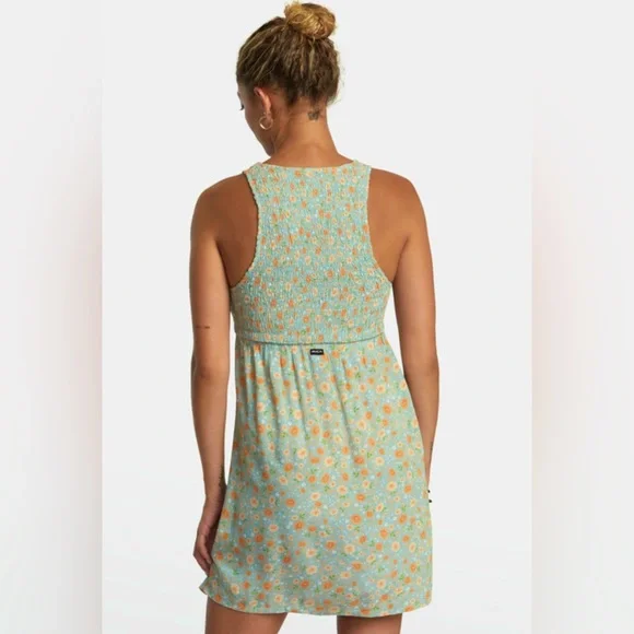RVCA floral high neck trigger mini dress with smocked bust shale color NWT SZ XS - Picture 3 of 12